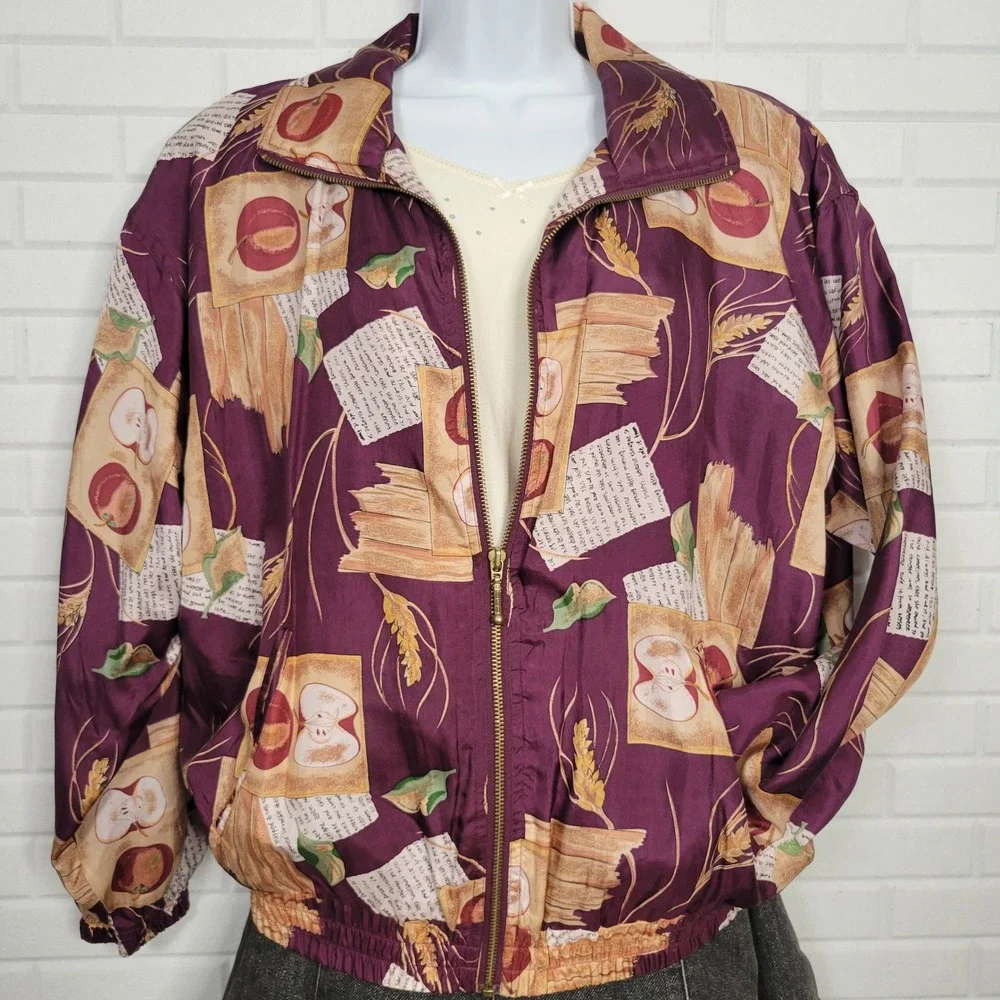 Vintage 1990s Silk Bomber Jacket Autumn‎ Apples Novelty Print Windbreaker Sz M
